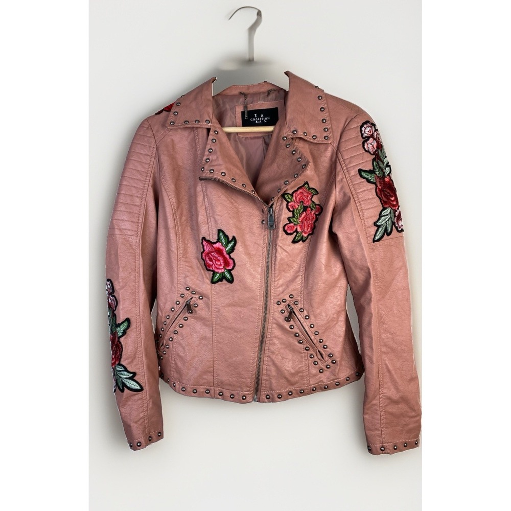 LA Coalition Women's S Pink Floral Embroidered Studded Full Zip Moto Jacket